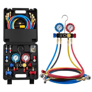 VEVOR AC Manifold Gauge Set for R134a R404A R1234yf R22 Refrigerant, 4 Way AC Gauge with 5 ft Hoses, Adapters, Quick Couplers, Can Taps for Automotive Air Conditioning Maintenance, Charging Evacuatio