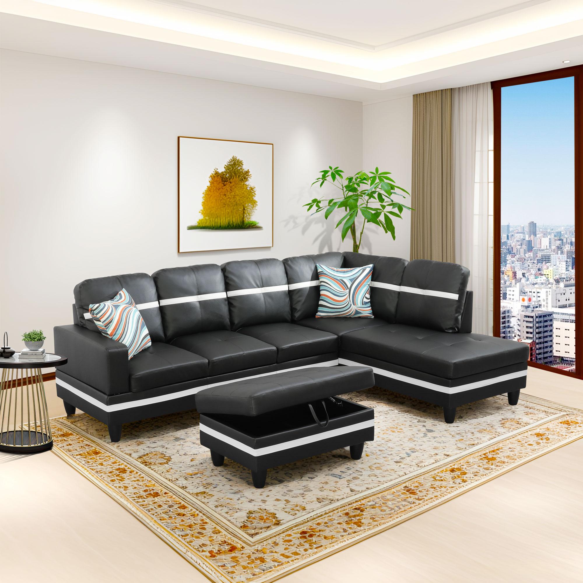 Black And White Semi PU Synthetic Leather 3-Piece Couch Sofa Set, Modern Living Room Furniture, Soft Comfy Upholstered Loveseat For Apartment Home Dorm Viral Style