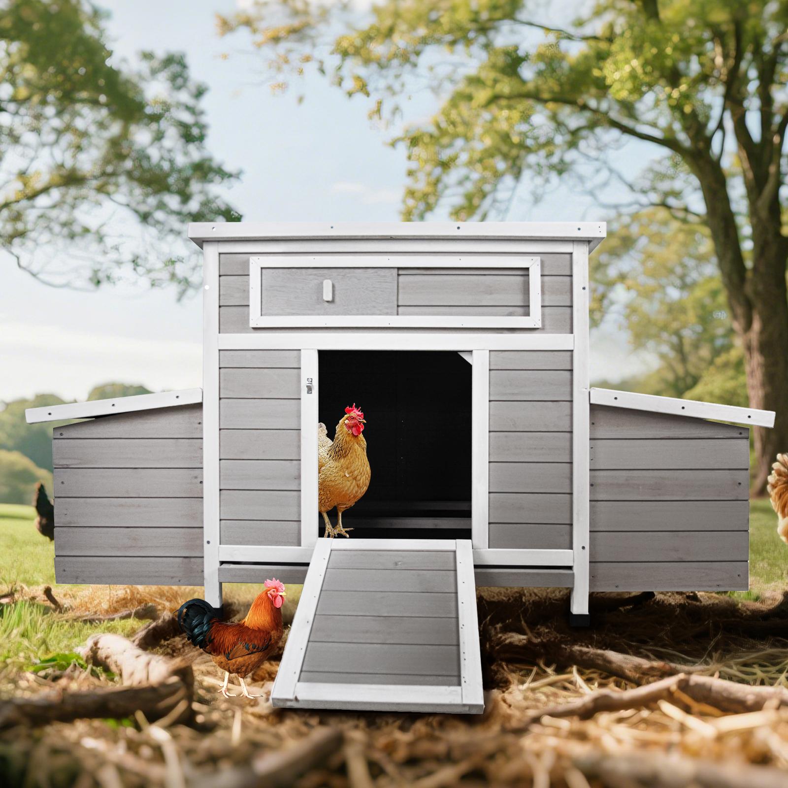 Eyisean 58" Wooden Large Outdoor Chicken Coop, Portable Hen House with Waterproof Foot & Pull-Out Tray, Dual-Sided Ventilation Holes, Poultry Cage with 2 Sides Nesting Boxes, Easy-Clean for Backyard