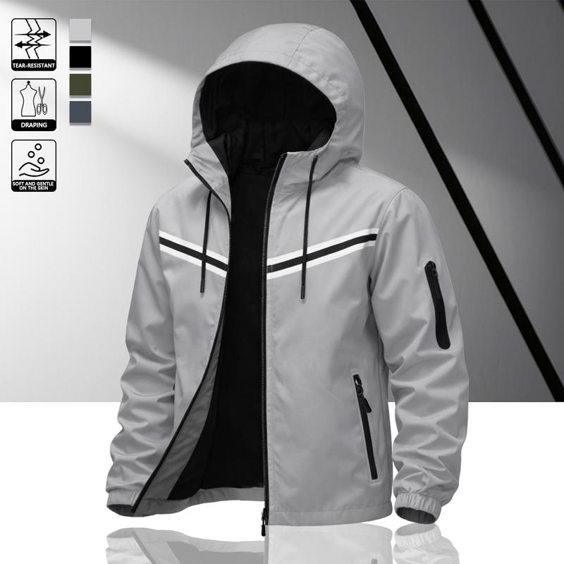 Men's double-strip reflective hooded racing jacket, light windproof fabric, zipper pocket, street function wind, daily commuting adaptation, trendy personality