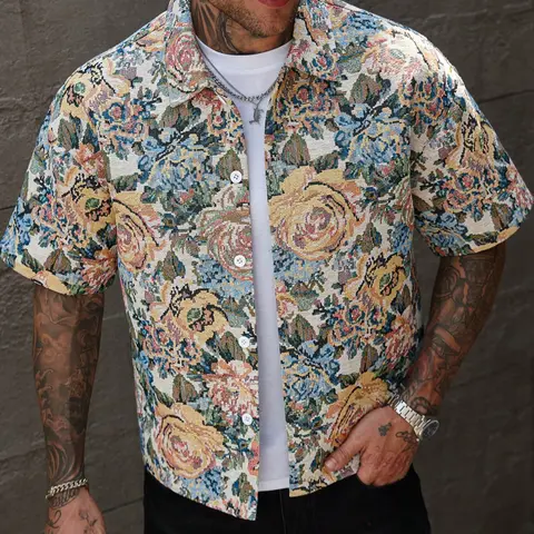 Men's Woven Fabric Floral Casual Stylish Clothing Comfy Collared Shirt, Spring & Fall Fitted Design, Perfect for Daily Wear, Street Style, Streetwear, Home Outing, Holidays, Menswear, Classic