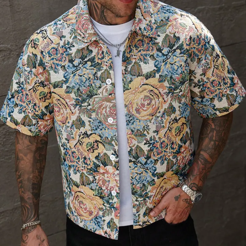 Men's Woven Fabric Floral Casual Stylish Clothing Comfy Collared Shirt, Spring & Fall Fitted Design, Perfect for Daily Wear, Street Style, Streetwear, Home Outing, Holidays, Menswear, Classic