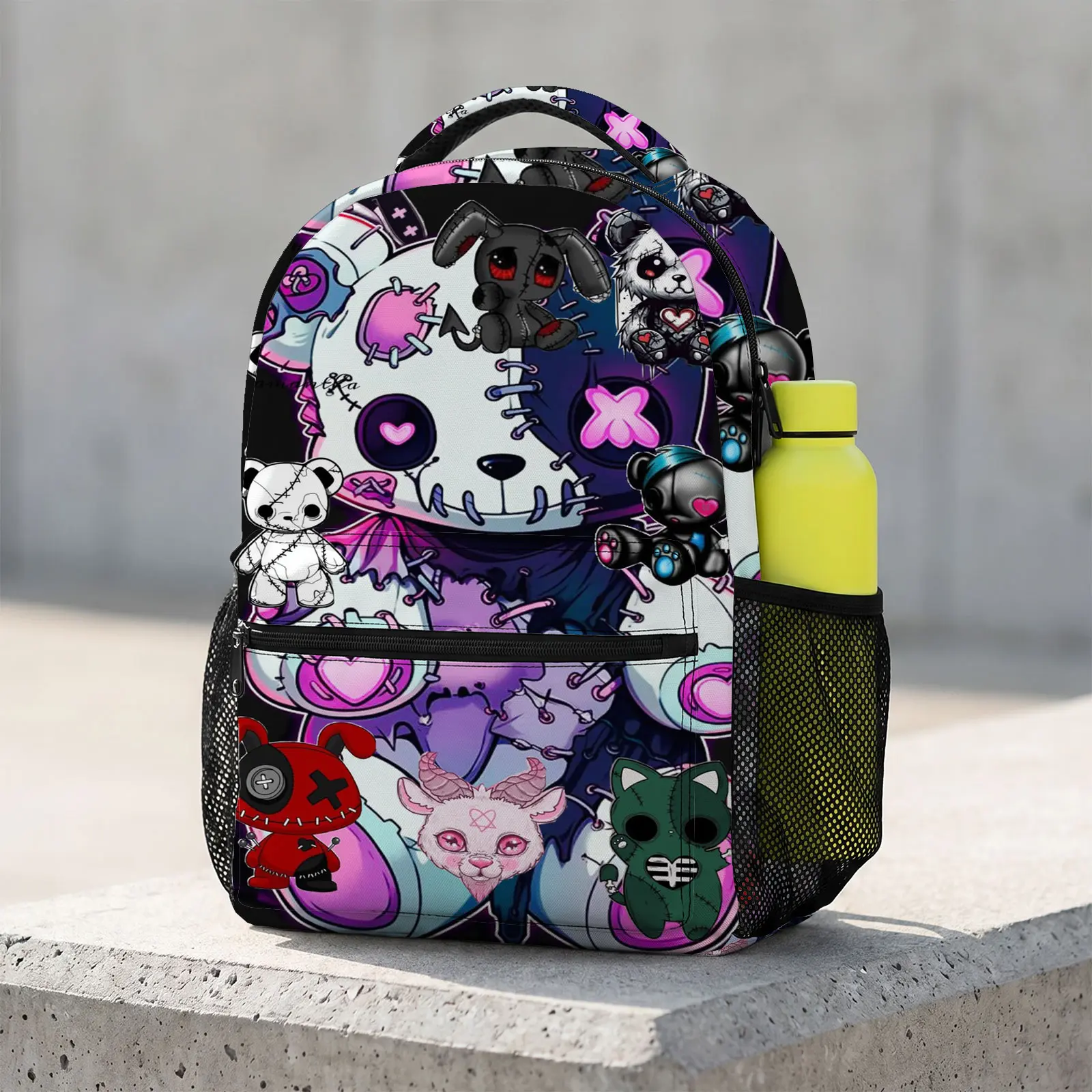 Violent-Bear Cute Cartoon Backpack 17-Inch | Kawaii Printed School Bookbag | Large Travel Daypack with Water Bottle Holder for Teens Kids