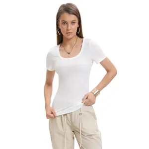 Women's Slim Fit Square Neck Short Sleeve T-Shirt - Casual Summer Top