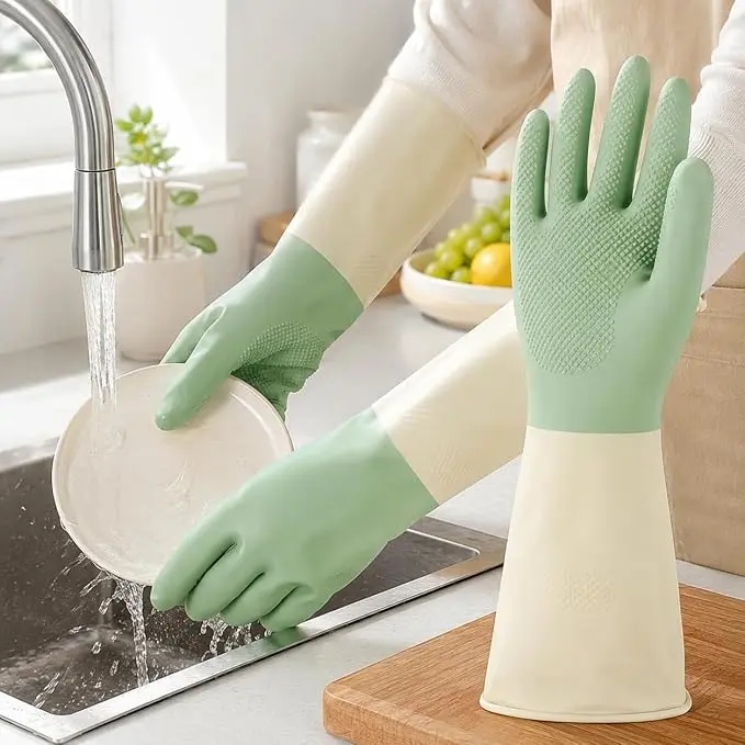 3 Pair Two Tone Long Cuff Cleaning Gloves, Non Slip Household Dishwashing Gloves, Waterproof Rubber Work Gloves for Kitchen Washing, Bathroom Scrubbing, Household Chores
