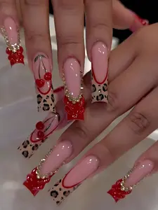 24Pcs French Tip Press-On Nails | Long Square 3D Leopard Print & Rhinestones