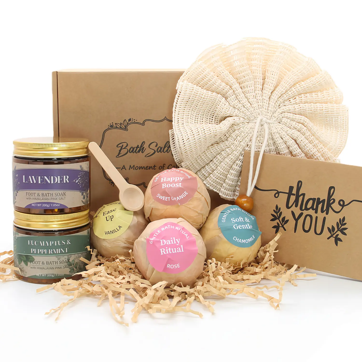 Bath and Body Gift Set for Women, 8-Piece Spa Self Care Kit with 4 Bath Bombs, 2 Himalayan Pink Salt Foot and Bath Soaks, Loofah and Wooden Scoop, Birthday Christmas Gifts for Mom Wife Girlfriend Body Care