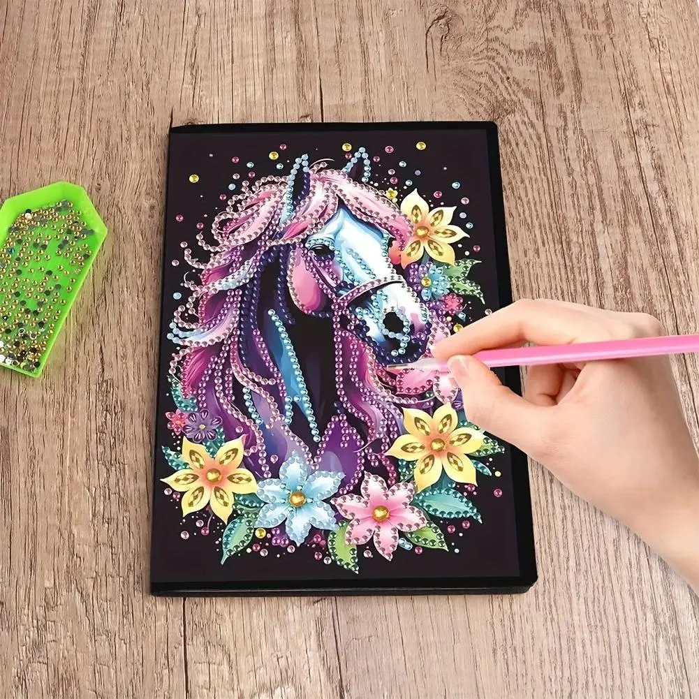 5D DIY Diamond Arts Colorful Painting Notebook, A5 Animal Horse Pattern Notebook with Tools, Creative Handmade Gift for Arts and Crafts Enthusiasts