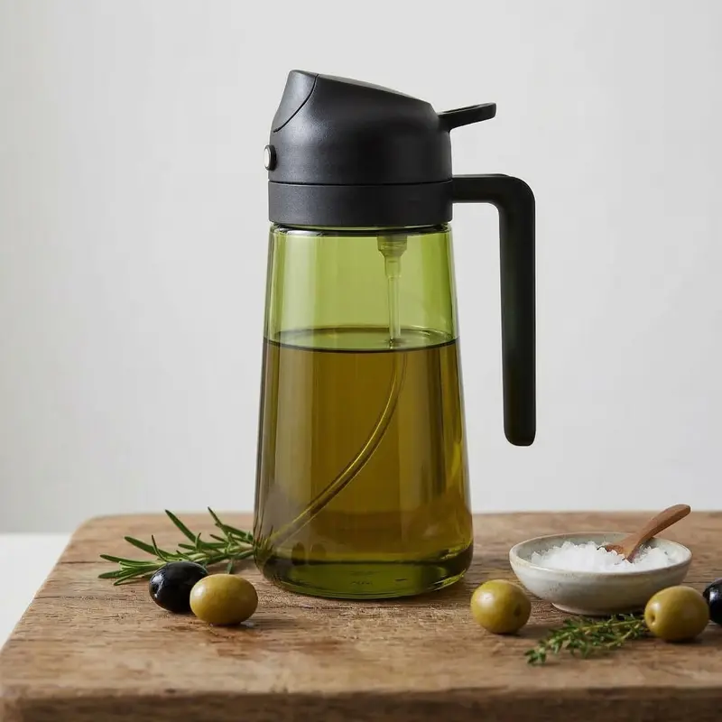 16oz/470ml Eco-Friendly Dark Glass 2-in-1 Olive Oil Sprayer-Dispenser, Heat-Resistant Glass+ABS Kitchen Gadget with Light-Blocking Design, Oil Bottles for Kitchen, Countertop Storage, Food Preservation Solutions (0-500 ml)