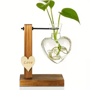 Metal and Wood Desktop Planter, Glass Bud Vase with Wooden Stand, Round Hydroponic Plant Propagation Station, Home Garden Office Decor