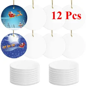 12 Pcs Sublimation Ceramic Ornaments - Bulk White Round Porcelain Ornament Blanks for Heat Press Printing - Personalized Xmas Tree Keepsake Crafts Gift