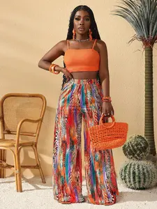 【Plus Size】Wild Print Wide Leg Pants Boho Print Wide Legs  Stretchy Waist Wide Leg Pants Ladies Summer Trousers Color Explosion Palazzo Pants