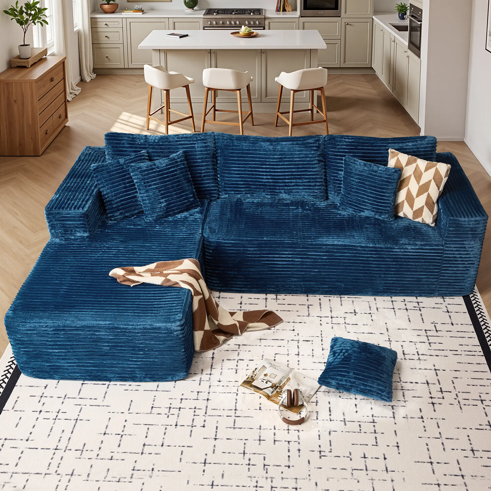 108" Blue L Shape Sofa Left Chaise