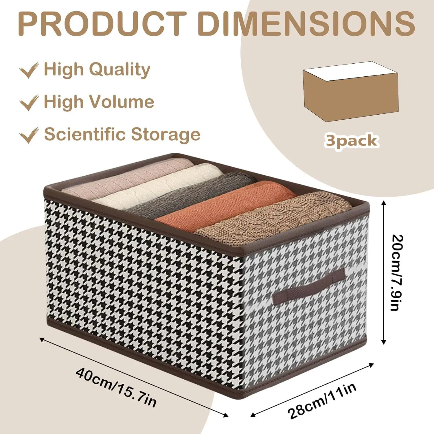 Houndstooth Pattern Black and White Rectangle Fabric Storage Bins, 3-Piece Home Decor Organiser Closet Storage Boxes, 15.7"×7.9"×11.0"(40×20×28cm) Household Essentials
