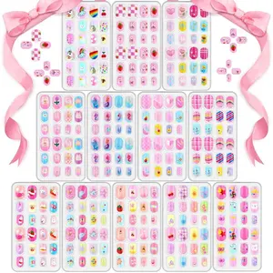 288 Pieces Kids Nails Press ons for Girls, Acejoz Fake Nail Set Pre Glue Stick on Short Nails for Children Little Girls 8-12 Year Nail Art Decoration