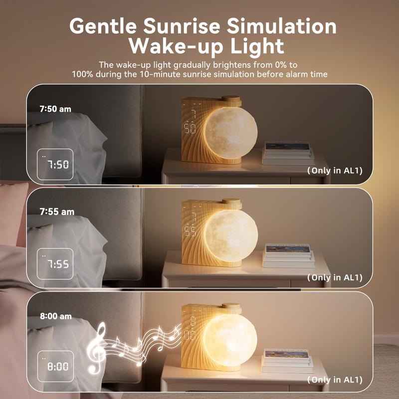 RETEYUNG Sunrise Alarm Clock with Moon Lamp, Home Decor, Digital Dimmable Bedroom Clock, 10 Sleep Sounds, Wake-Up Light, gift for girlfriend/boyfriend