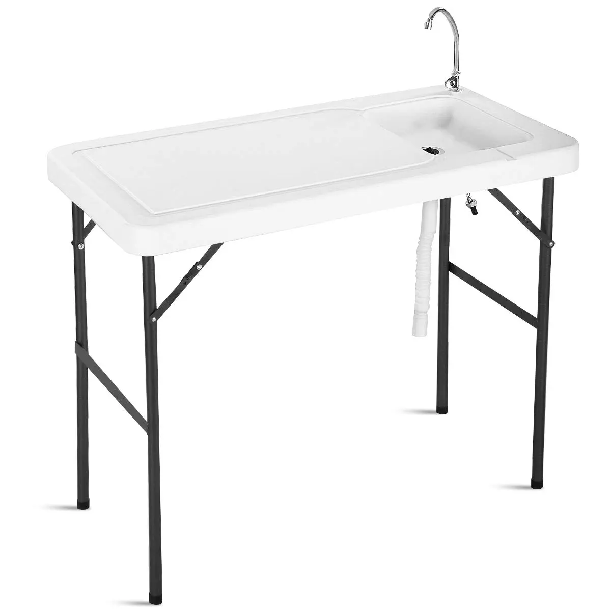 Portable Foldable Fishing Sink Station - Heavy Duty Powder Coated Steel Frame & HDPE Top, Foldable Legs, Hose Hookup, Faucet, Fillet Table, Outdoor Furniture Set, Camping Accessories for Dock, Picnics, Garden Hose Hook Up, 46"(L) X 24"(W) X 37"(H), Stainl