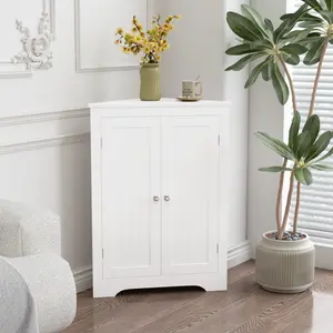 Floor Corner Cabinet with 2 Doors and Adjustable Shelves, Freestanding Narrow Cabinet Organizer, Corner Storage Cabinets for Bathroom, Kitchen, Living Room, or Bedroom, White