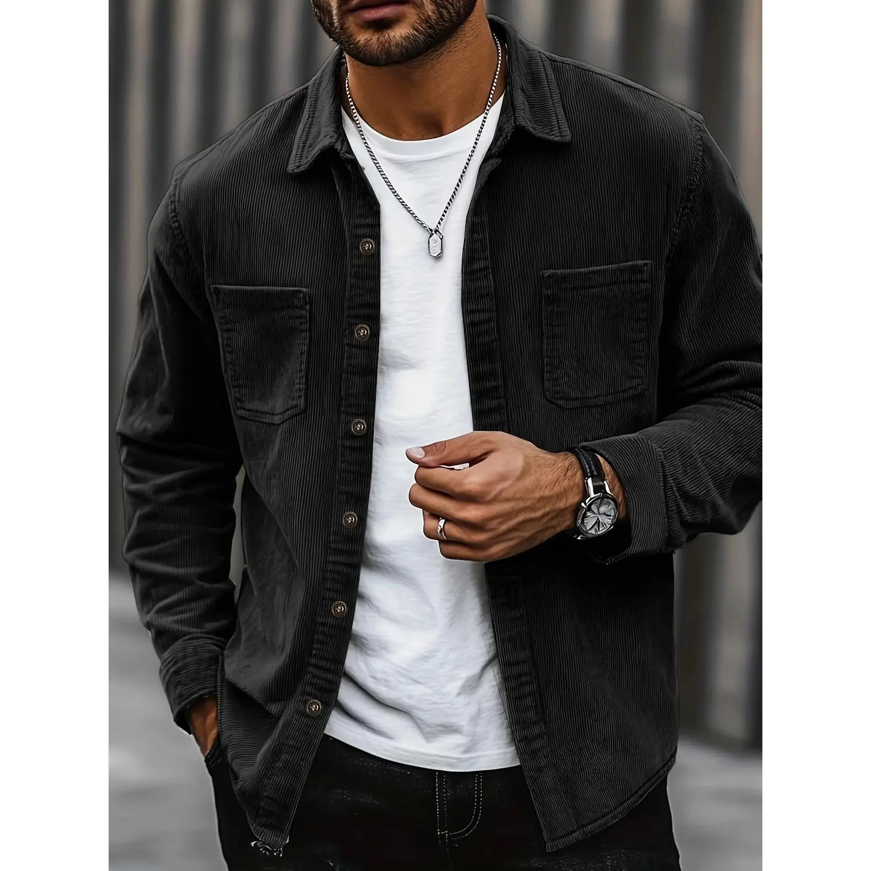 Popular corduroy material men's casual shirt jacket with lapel buttons, long sleeved cardigan, double patch pocket design suitable for daily leisure, fashion, simplicity, commuting, street fashion, spring and autumn long sleeved shirt