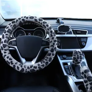 Leopard Fuzzy Car Cover Set Steering Wheel Handbrake Gear Shift Universal Fit Winter Warm Fluffy Protector for Women Girls
