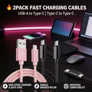 Betreasure 2-pack Mixed Set Braided Nylon USB A+USB C Fast Charging Data Cable, High Quality, Data Transfer, for IPhone 17/16/15, Xiaomi, Huawei, Samsung, OnePlus, Vivo, OPPO, Infinix and More Devices Charging Cables