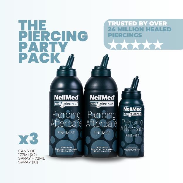 NeilMed Piercing Party Pack - 2x 177ml & 1x 75ml Sterile Saline Spray Trio Fine Mist - Vegan Preservative-Free Healing & Cleansing Solution for All Skin Types