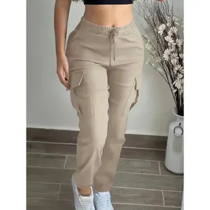 Women’s black cargo pants with an elastic waistband, drawstring, and multiple pockets — regular fit, all-season casual work style pants, adjustable denim bottoms made from polyester