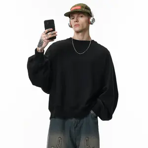 100%Coton 450g Cropped Boxy Oversized Fashion Batwing Sleeve Horizontal Knit Sweater Winter New American Streetwear Casual Crew Neck Fleece Hoodie