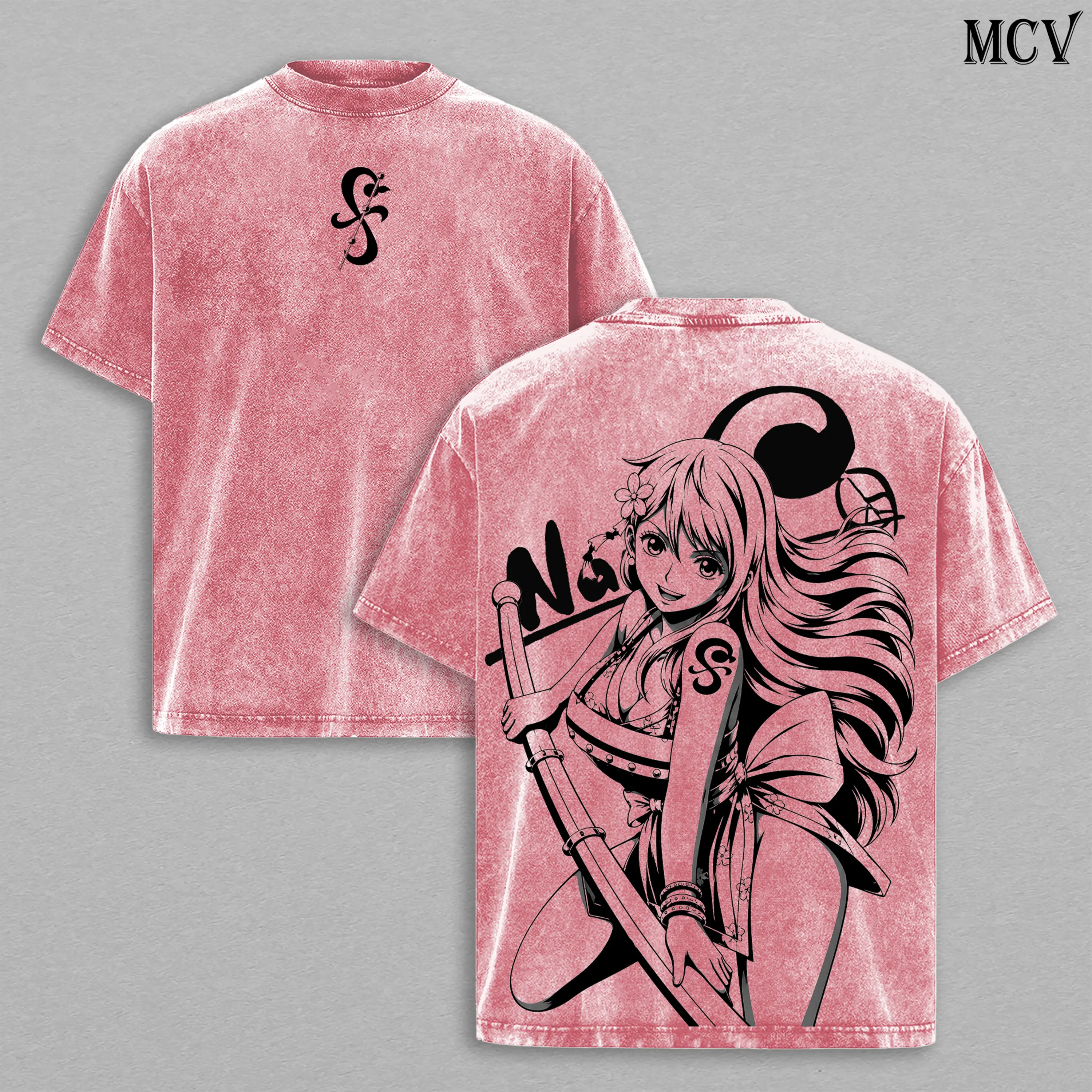 Nami Washed Tee – One Piece Anime Manga Lightning Girl Graphic Double Printed T-Shirt, Menswear Heavy Cotton Unisex Oversize Vintage Streetwear
