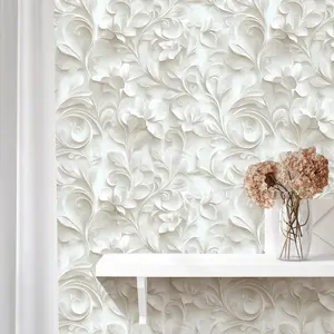 Floral Embossed Wallpaper Roll, Self-Adhesive PET Wall Paper, European Luxury Style, Removable No Glue, Home Decor for Living Room, Bedroom, Kitchen and Bathroom