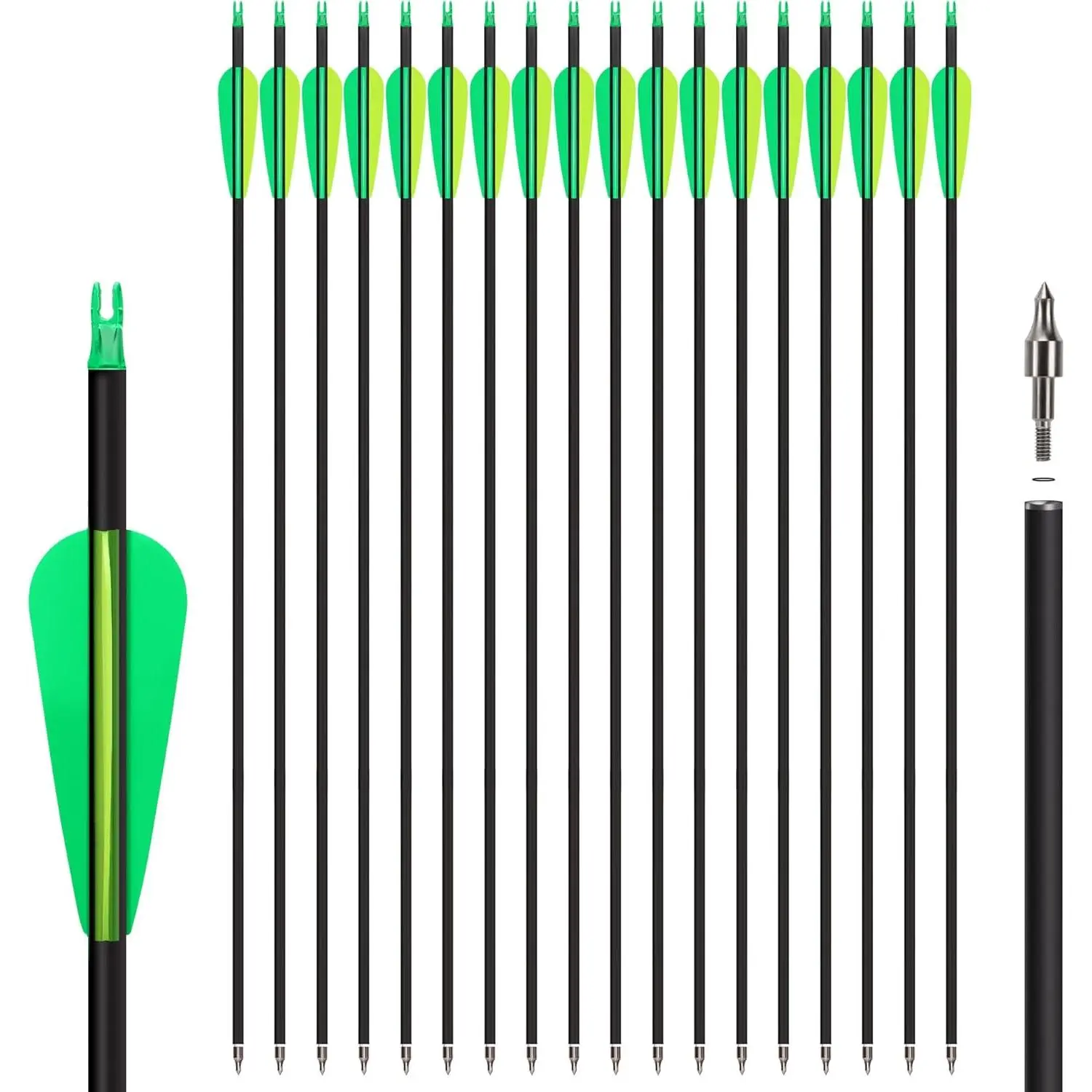 30-in Shaft Mixed Carbon Arrows (18Pcs) - 500 Spine, 100 Grains Broadhead, Removable Tips, Drop Shape Fletching, Strong Penetration, High Accuracy for Compound & Recurve Bows, Hunting Use, Shooting Range Practice for Bow and Arrow Enthusiasts