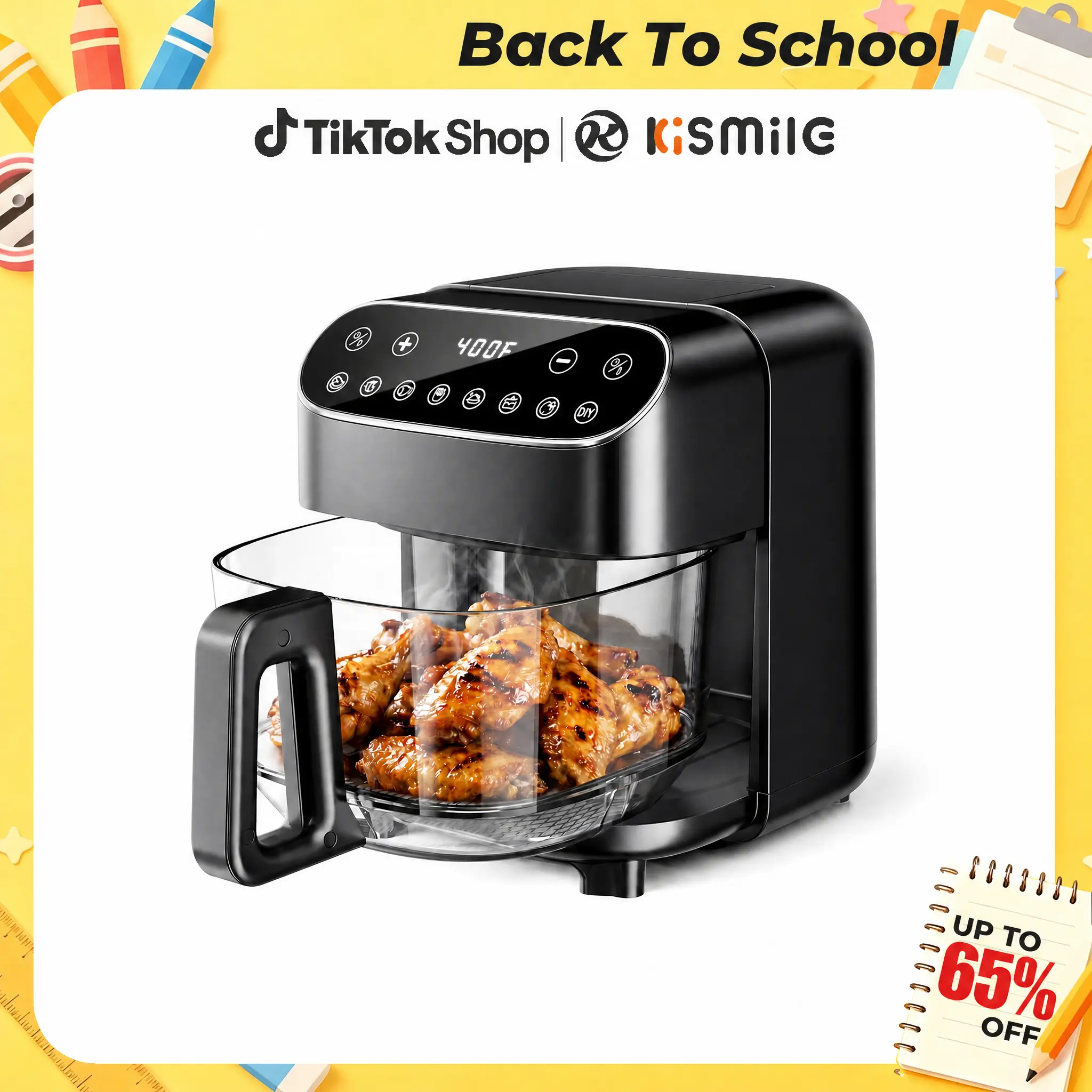 Kismile 5QT Visible Glass Air Fryer, 8 Smart Presets, 360° Panoramic Borosilicate Glass Basket, Digital Touch Control, Flip Reminder & Auto-Pause, Non-Toxic, PTFE & PFSA-Free, Dishwasher Safe, 392°F Max