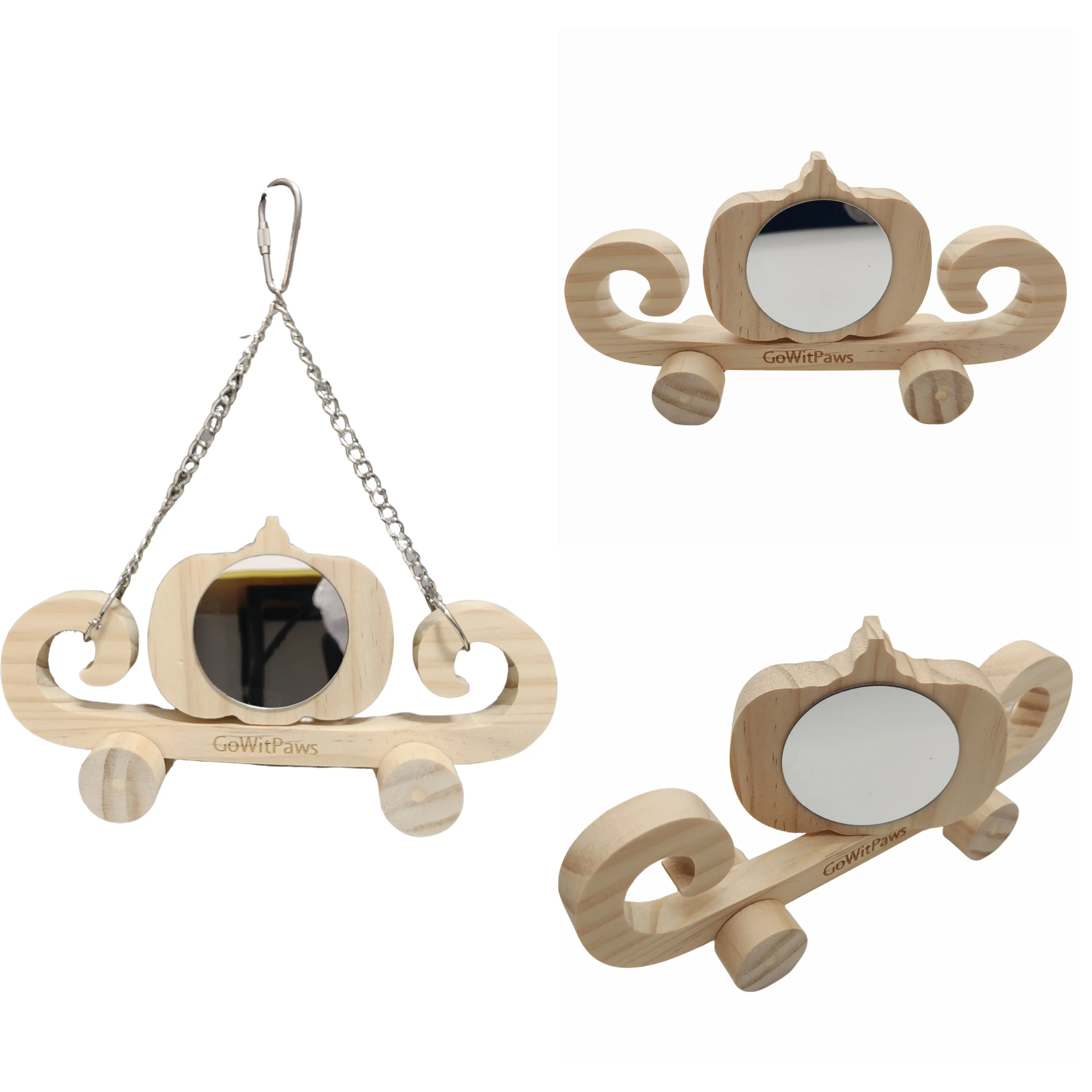 Bird Supplies Pumpkin Carriage Mirror Hammock Toy - 8.5"x4.3"x1.9" Acrylic 360° Swivel Dual-Sided Mirror with Functional Wheels, Hanging & Floor Use for Small Birds, Guinea Pigs, Cognitive Engagement