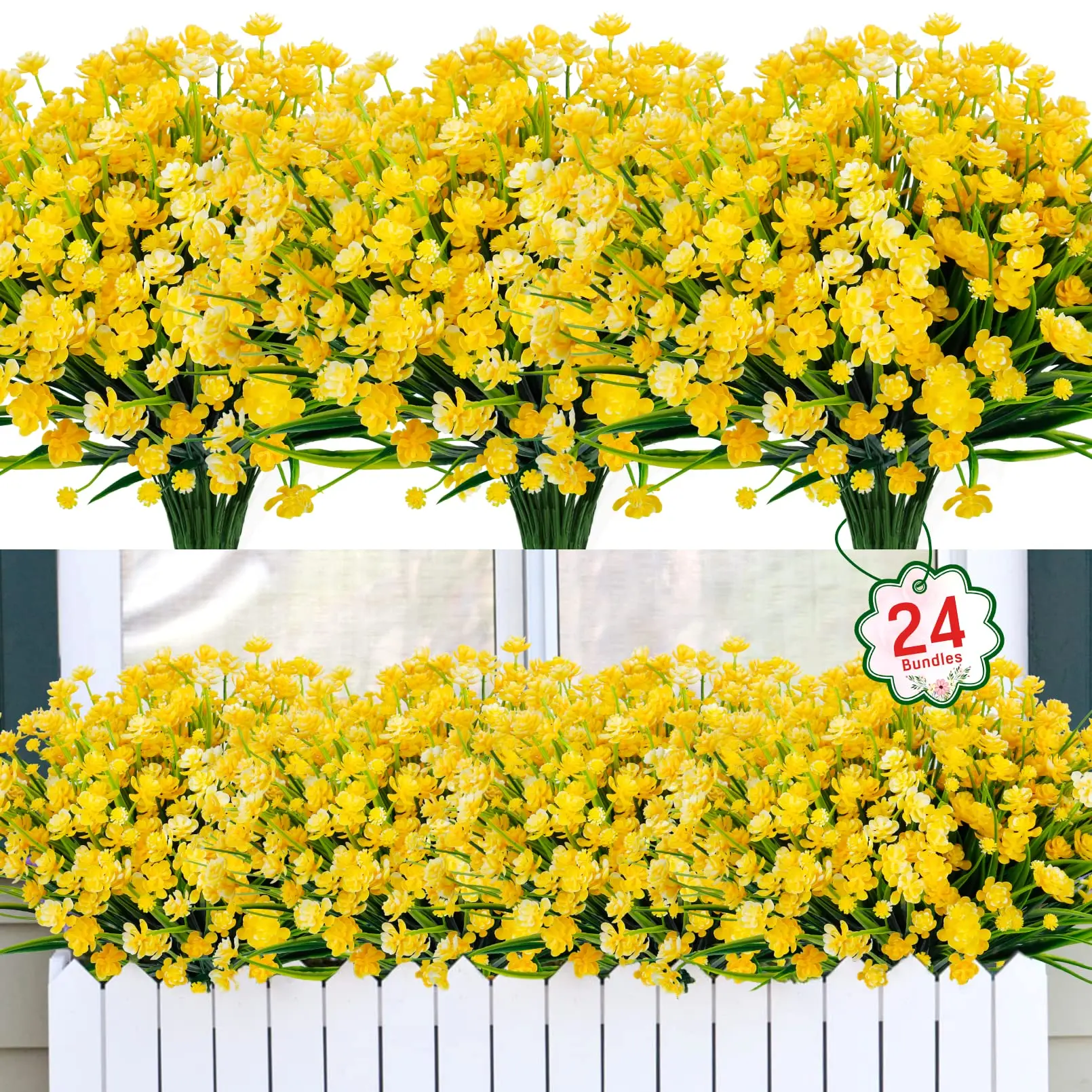 24 Bundles Artificial Flowers, UV Resistant Fake Plastic Plants, Faux Greenery Stems for Outdoor & Indoor Decoration, Artificial Flowers for Outside, Artificial Flower Decorations