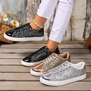 Plus Size Sequined Front Lace-up Round Toe Flat Heel Board Shoes for Women Artificial Leather Viscose Sole Available Lightweight Sneakers Casual Slippers Minimalist Fluffy Valentine's