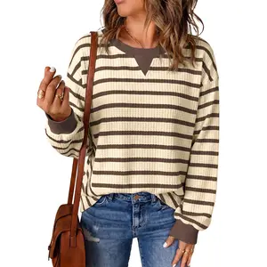 Dokotoo Womens Oversized Long Sleeve Striped Crewneck Cuff Ribbing Casual Knit Pullover Sweatshirt Waffle Tops