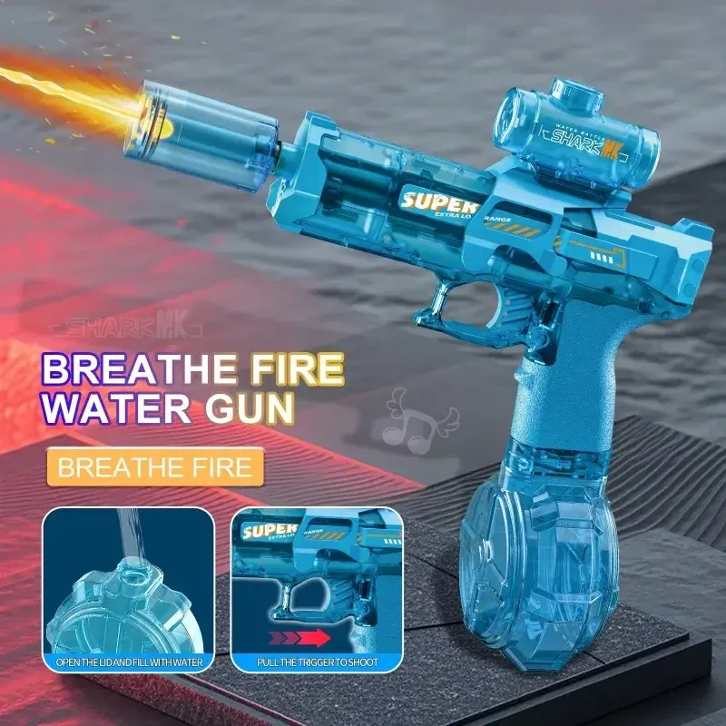 Kids Automatic Electric Water Blaster with Simulated Fire Light, Rechargeable Powerful Squirt Gun, Large Drum Magazine Water Toy, Summer Outdoor Pool Beach Party Gift for Boys & Girls Ages 6+