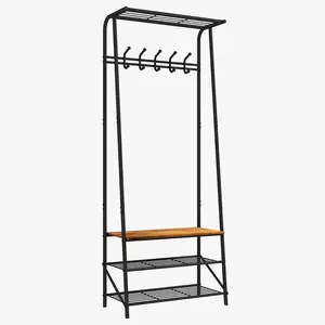 4-in-1 Coat Rack and Shoe Bench with 5 Hooks, 4-Tier Storage Organizer for Entryway and Hallway, Multifunctional Furniture with Metal and Wood Structure, Sturdy and Stable Design, Easy Assembly, Brown