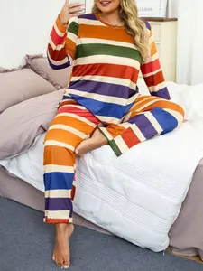 Women's Plus Size Long Sleeve Pajama Set, Striped Patchwork Print Sleepwear Loungewear Set, Comfortable Skin-Friendly Home Clothing
