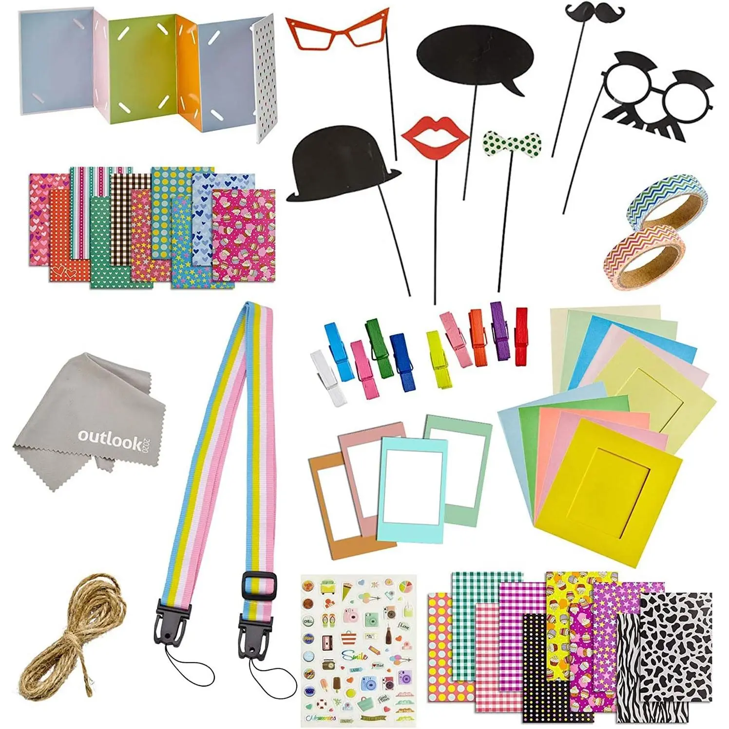 Plastic Mini Instant Film Camera Accessories Kit - 20 Sticker Borders, 10 Paper Holders, 4 Magnetic Displays, Rainbow Neck Shoulder Strap, Accordion Album, Springtok Extras, 8 Ounces