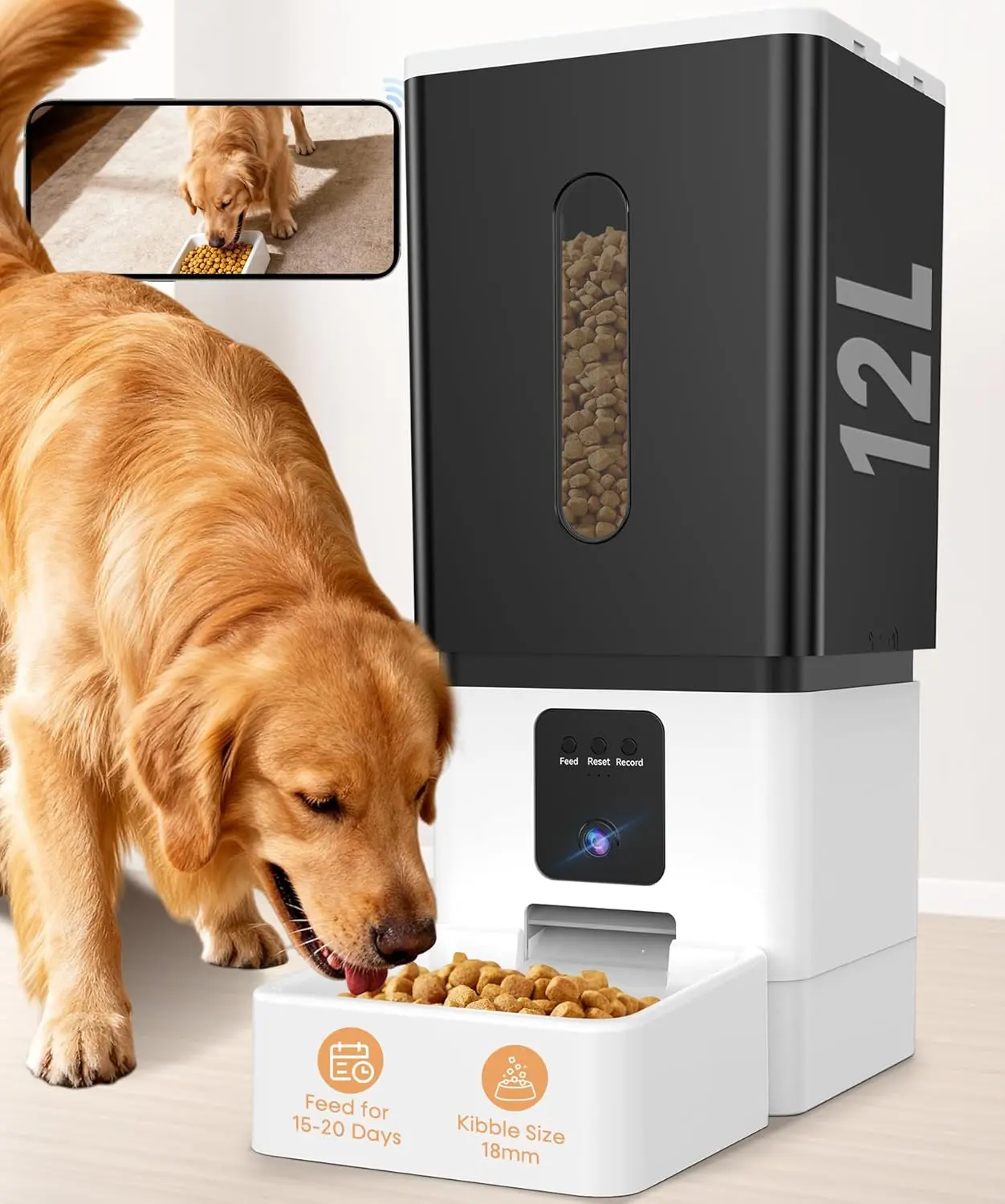 WiFi Control Auto Feeder for Large Breeds - 12L/50 Cup Plastic Body Single Unit, App Remote Access, 1080P Night Vision Camera, 2-Way Audio, Anti-Clog Dispenser, Battery Backup, Scheduled Feeding, Father's Day Gift