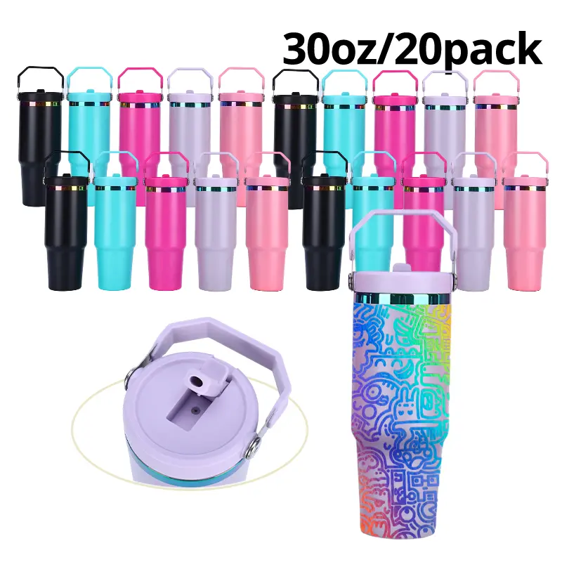 20-Pack 30oz Rainbow-Plated Stainless Steel Tumblers with Handles, Laser Engravable Portable Vacuum Flask for Coffee, Iced Coffee, Hot & Cold Drinks, Outdoor Sports Travel, Coffee Tumbler