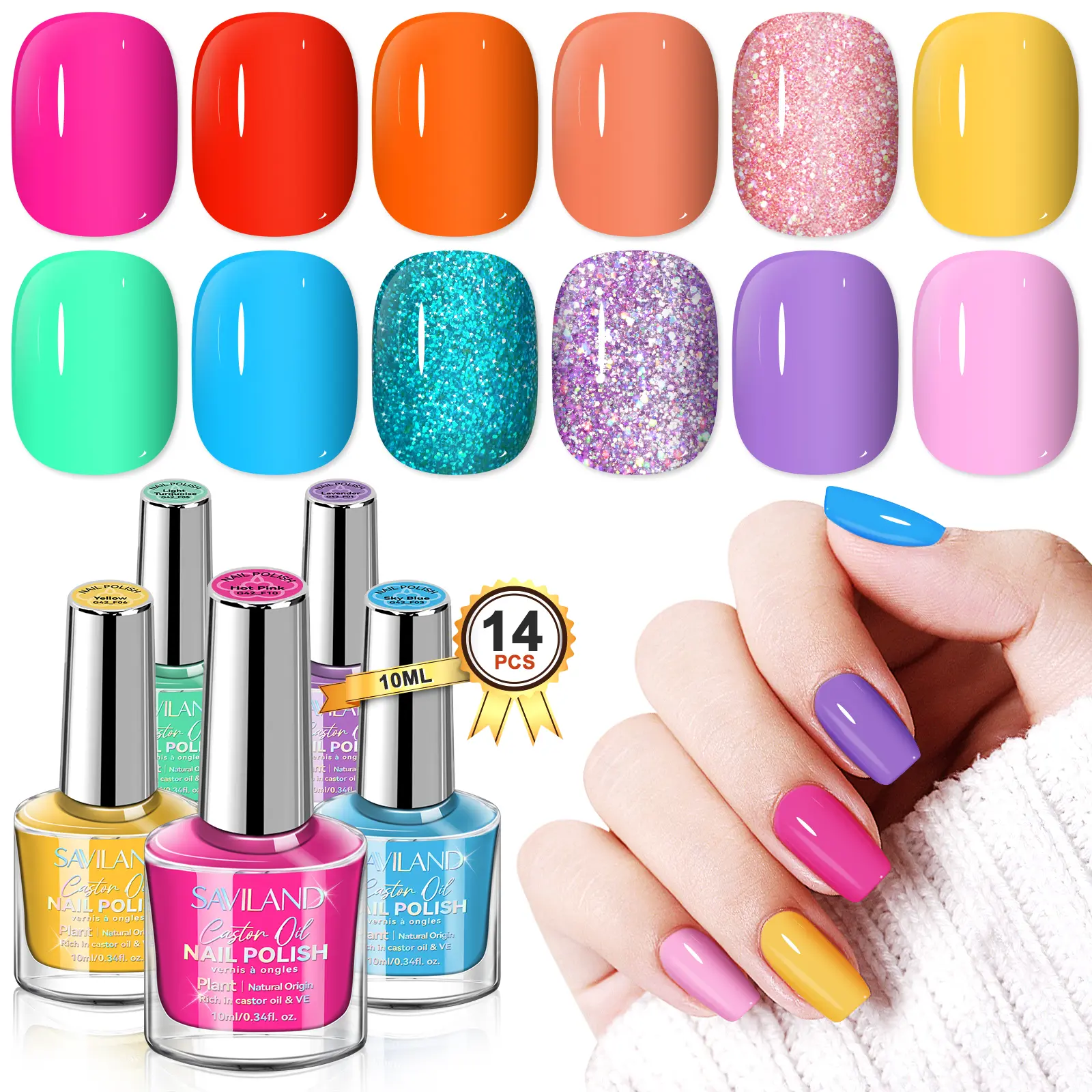 SAVILAND 12 Neon Color Nail Polish Set for Beginner: Quick-dry Glitter Nail Polish with Base Top Coat for Manicures Pedicures Nail Art Non-gel Formula