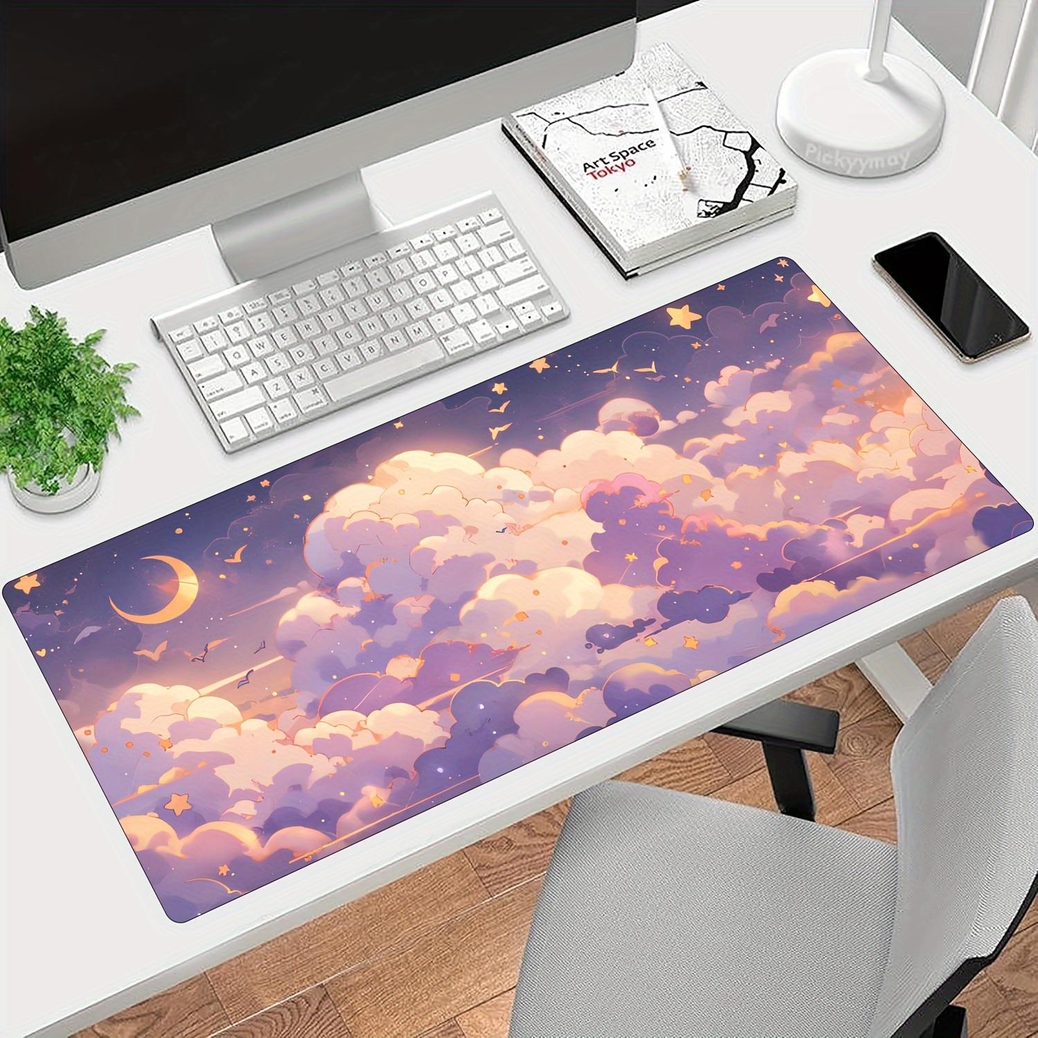 1pc Kawaii Cloud, Stars & Moon Mouse Pad - Desk Mat with Non-Slip Base, Stitched Edges & Smooth Surface Suitable for Home Office, Bedside Computer - Cute Computer Accessory ()
