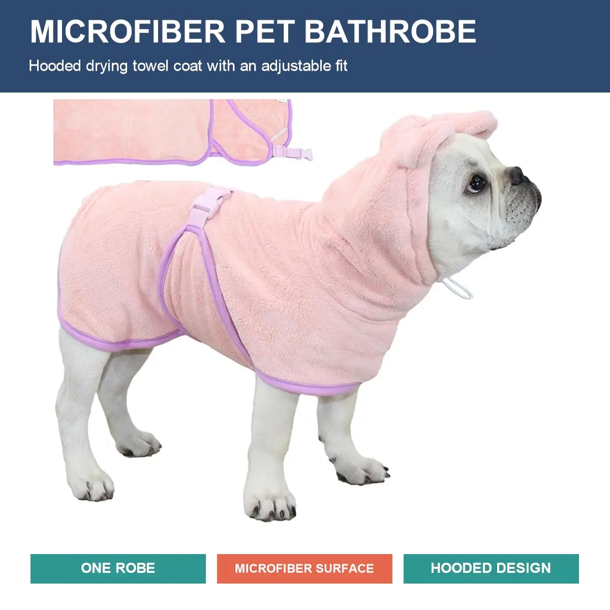 Microfiber Pet Bathrobe for Dogs and Cats, Hooded Drying Towel Coat with Adjustable Neck and Belly Strap for Baths, Pool and Rainy Days