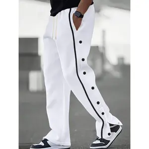 Men's Casual Polyester Pants, Solid Color, Side Stripes and Button Details, Regular Fit, Drawstring, Suitable for All Seasons, Comfortable and Fashionable for Adults