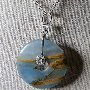 Natural Blue Calcite Crystal Donut Pendant & Silver-toned Chain Necklace