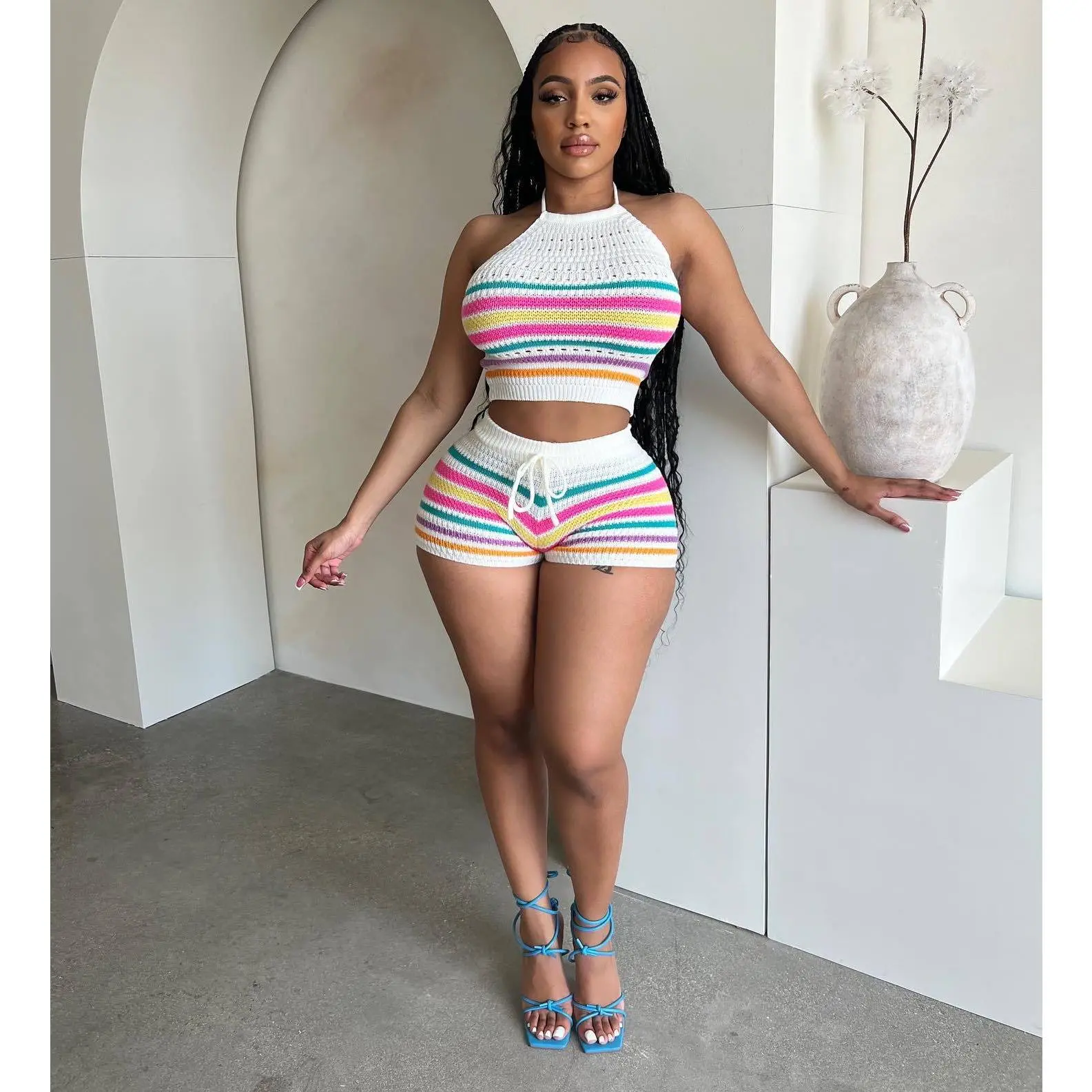 BIGWIG Women's 2-Piece Summer Crochet Vacation Beachwear Set — Crop Top & Shorts Outfit: Sleeveless Rainbow-Striped Casual Top and Slim-Fit Shorts