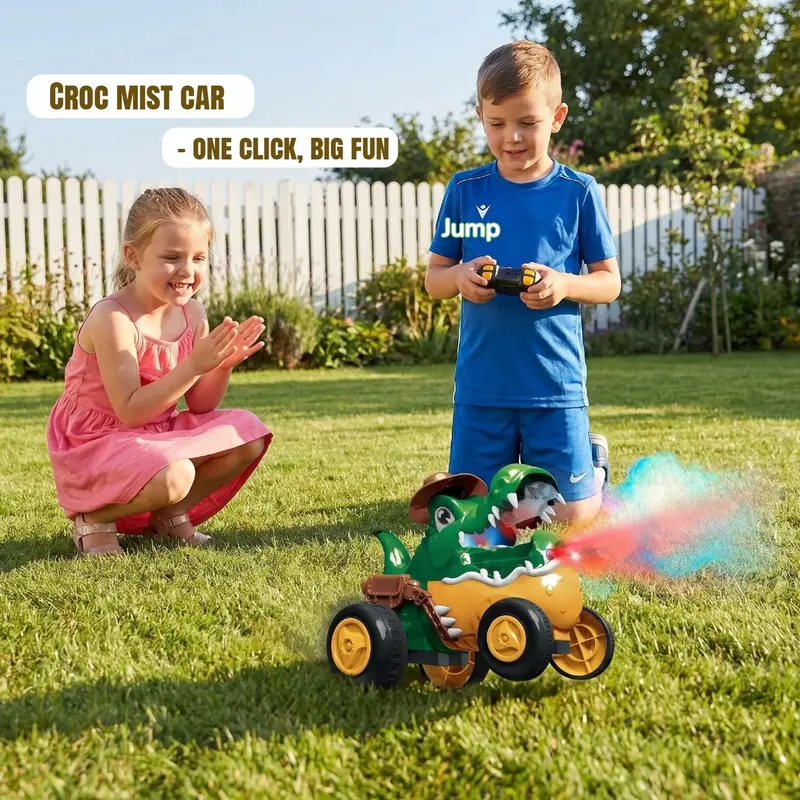 Kid's Electric Crocodile Jumping Car Toy - Mist Spray, Light & Music, Stunt Actions, Jump Forward, 1-Click Demonstration, Upright Walking, Floor-Friendly Wheels, 30+ Mins Playtime rc cars rc