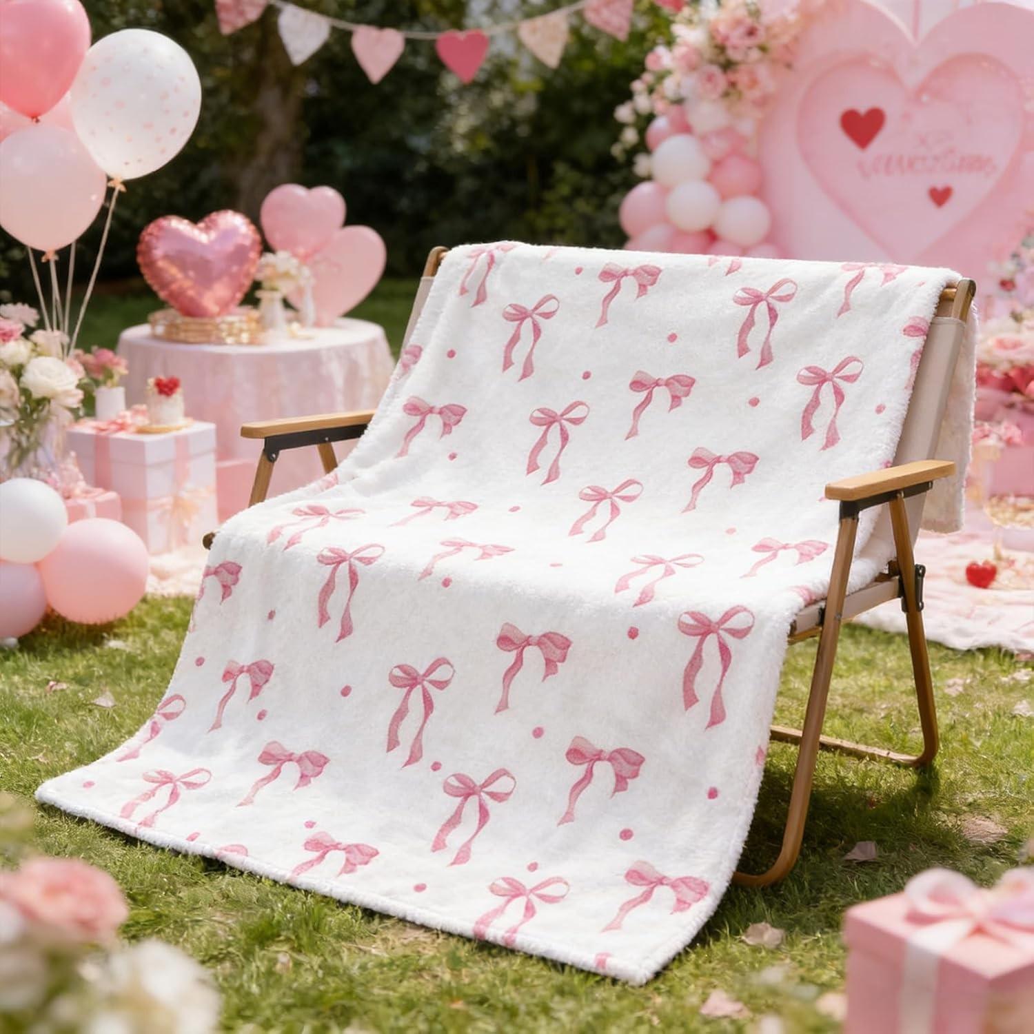 Pink bow blanket, bow gift, Easter bow gift, suitable for girls, ladies and children, pink spring flannel blanket, beautiful bedding with bows, Kid blanket